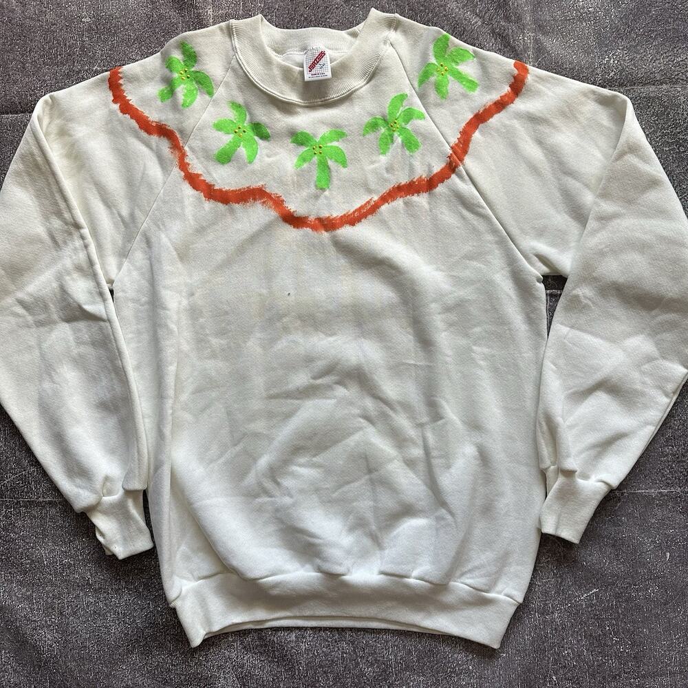 Men's Vintage 90's Jerzees USA White Palm Tree Beach Crewneck Sweatshirt Sz L